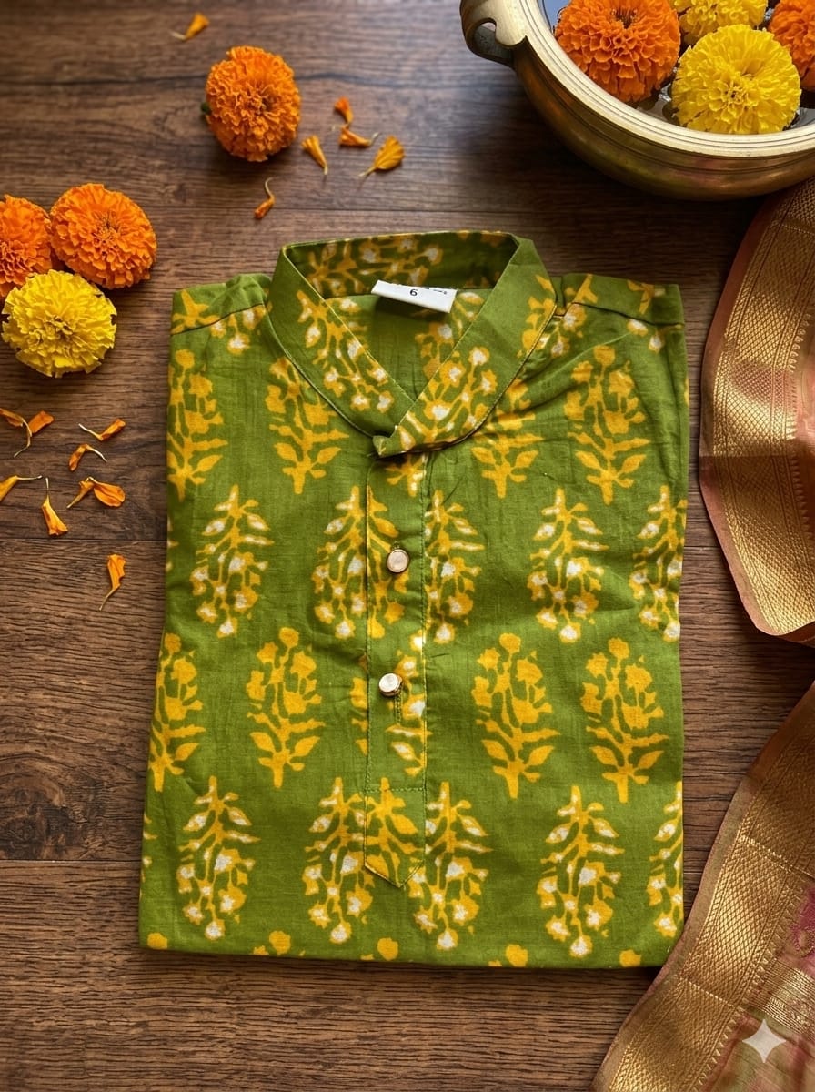 Boys’ Premium Cotton Olive Green Floral 2-Piece Kurta Pyjama Set