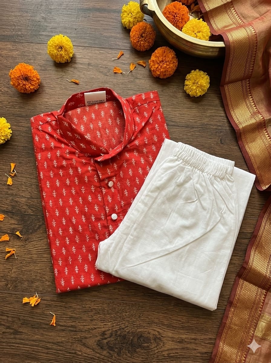 Boys’ Premium Cotton Red Festive 2-Piece Kurta Pyjama Set