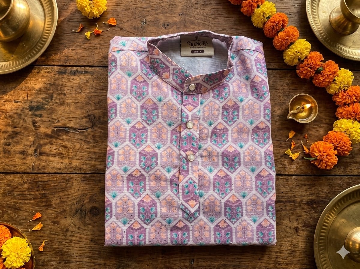 Boys’ Premium Festive Lavender Geometric 2-Piece Kurta Pyjama Set