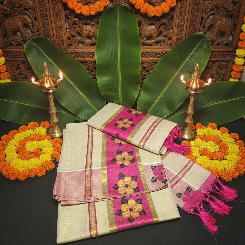 Kuthampully Kasavu Tissue Set Mundu with Fuchsia Floral Motifs