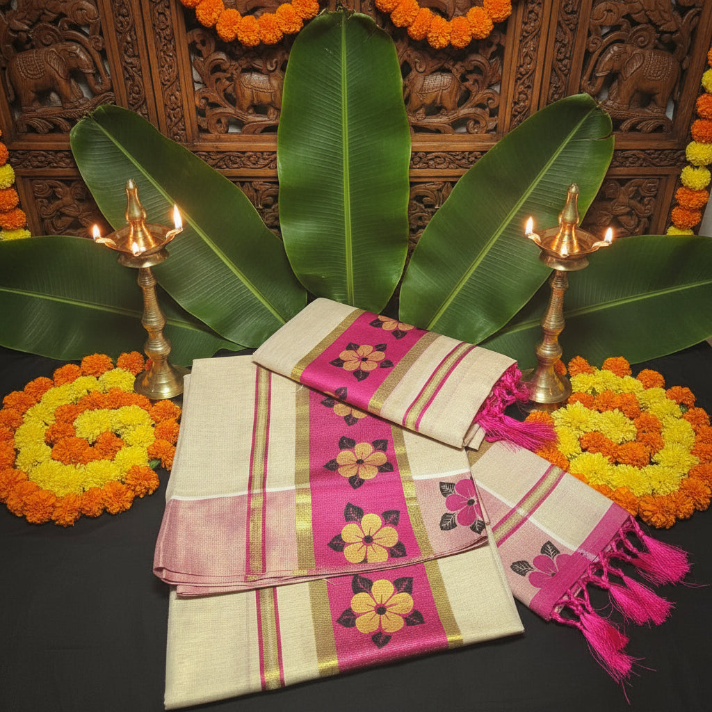 Explore the Unique Allure of Kuthampully Kasavu Tissue Set Mundu with Fuchsia Floral Motifs