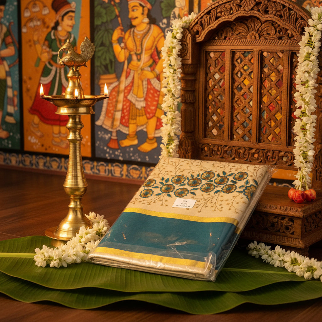 Pushpanjali Edition- Kerala Tissue Kasavu Saree with Floral Embroidery