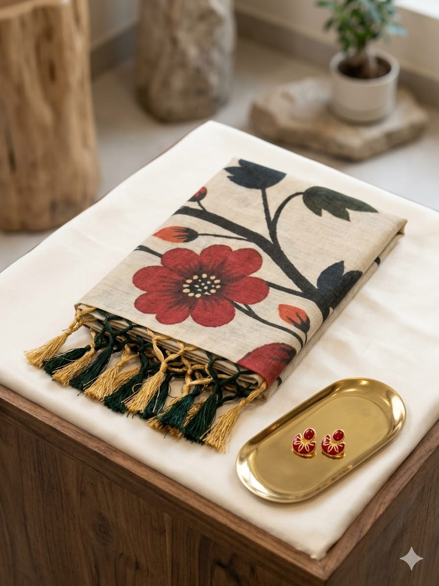 The Crimson Bloom: Kuthampully Tissue Kerala Saree with Flower Motif