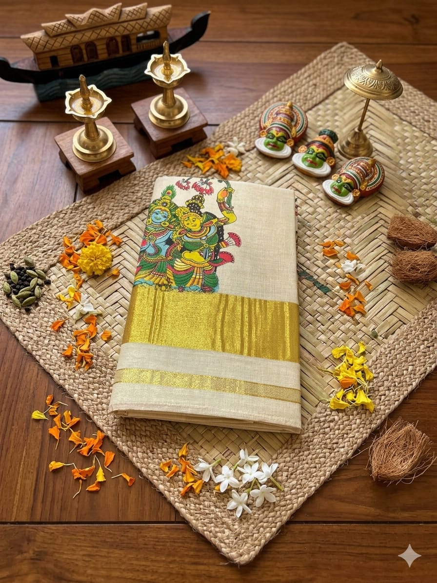 The Divine Union – Kuthampully Golden Tissue Kasavu Saree with Mural Art