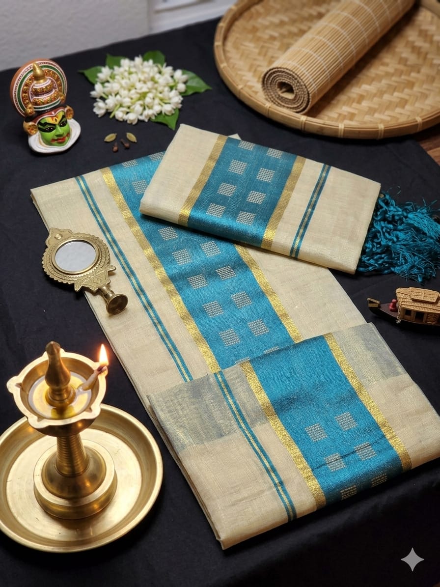 Kuthampully Kasavu Tissue Set Mundu with Teal & Gold Lattice Motifs