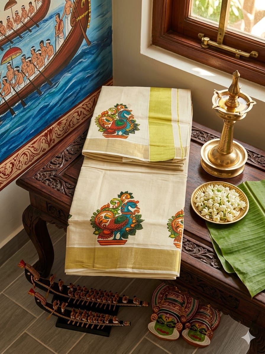 The Mayura Mural Tissue Kasavu Saree