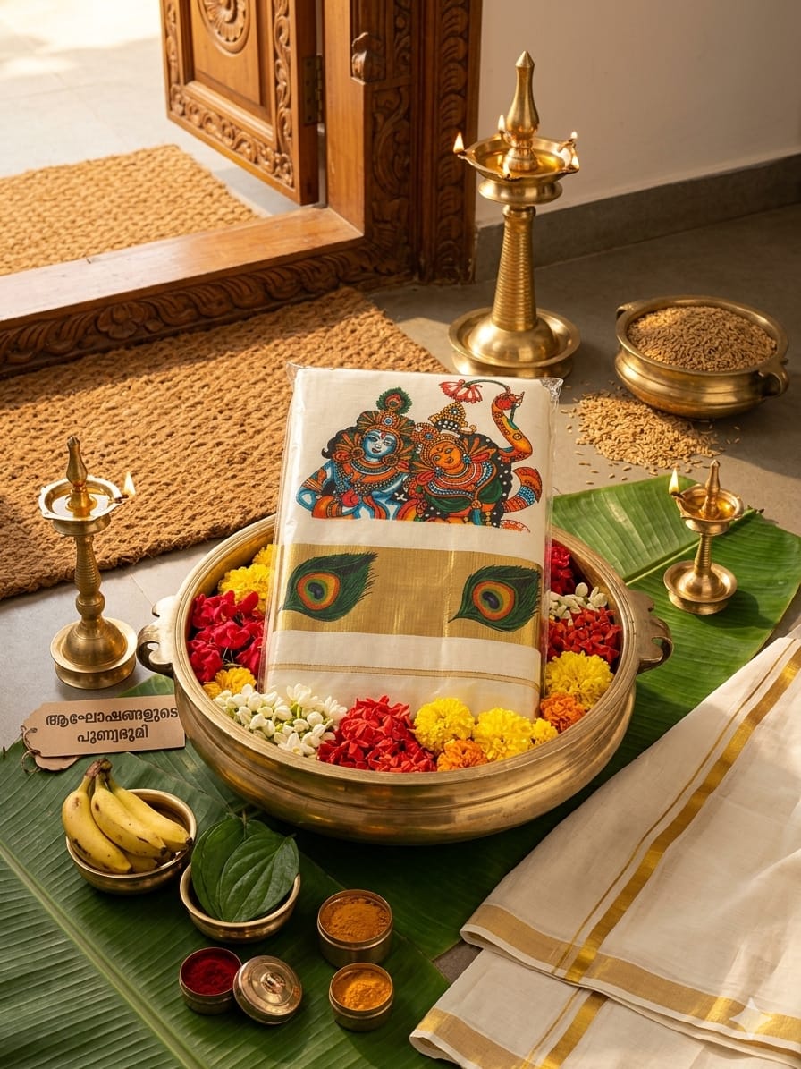 Krishnan and Radha: Kuthampully Kerala Kasavu Cotton Mural Saree.