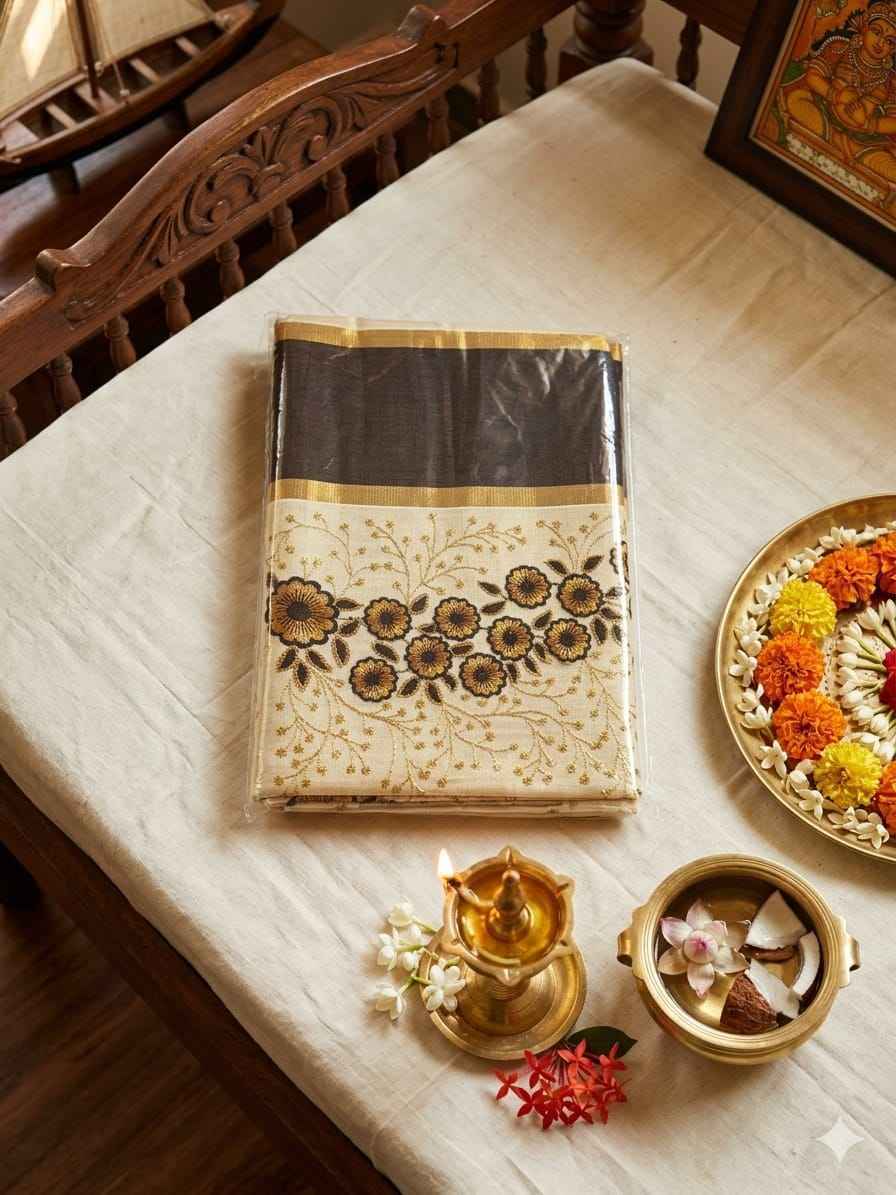 The Pushpanjali – Floral Embroidery Tissue Cotton Kasavu Saree (Black Variant)