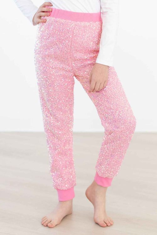 Bubblegum Pink Sequin Joggers - Meera's Mini Mavericks