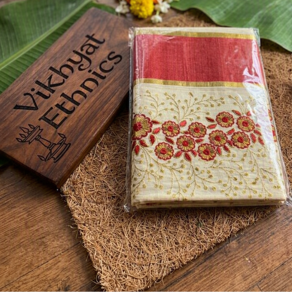 Ivory Gold and Ruby Red Premium Tissue Saree with Floral Embroidery - Meera's Mini Mavericks