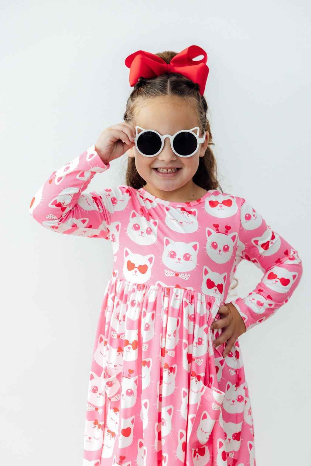Cutie Cat L/S Pocket Twirl Dress - Meera's Mini Mavericks