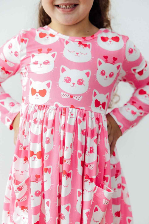 Cutie Cat L/S Pocket Twirl Dress - Meera's Mini Mavericks