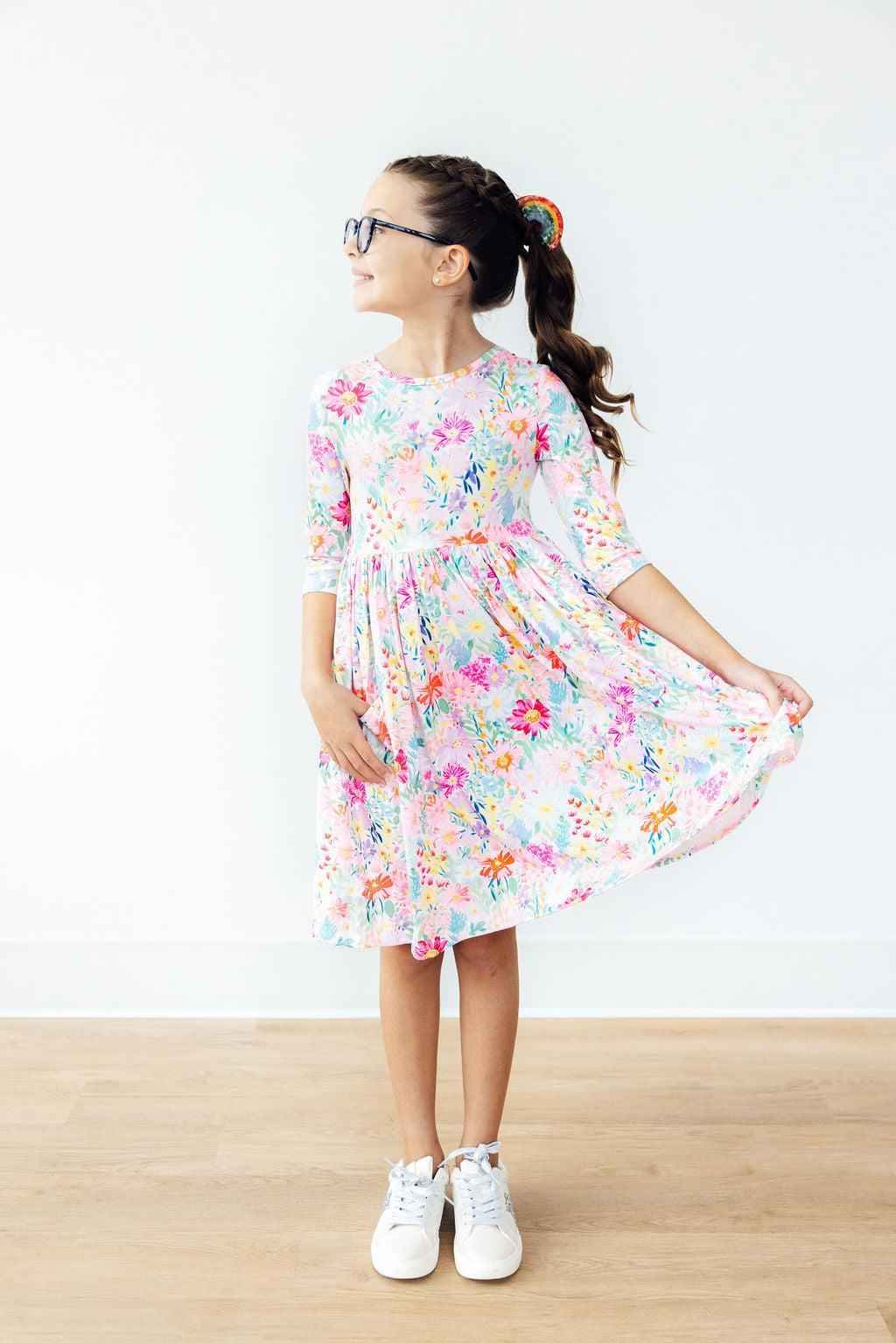 Field of Flowers 3/4 Sleeve Pocket Twirl Dress - Meera's Mini Mavericks