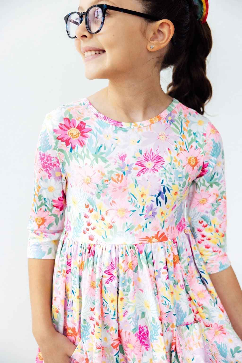 Field of Flowers 3/4 Sleeve Pocket Twirl Dress - Meera's Mini Mavericks