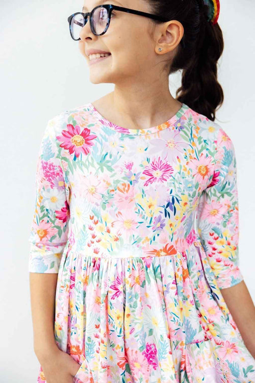 Field of Flowers 3/4 Sleeve Pocket Twirl Dress - Meera's Mini Mavericks