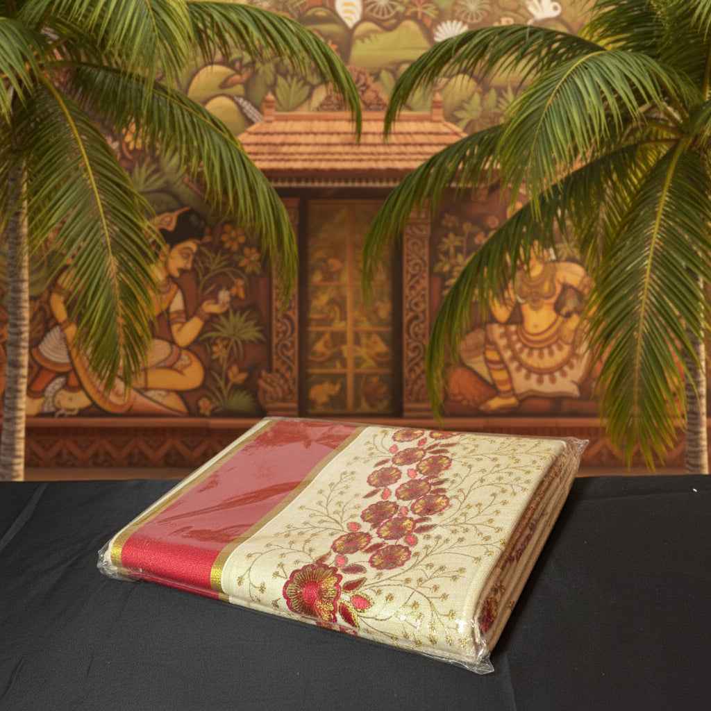 Ivory Gold and Ruby Red Premium Tissue Saree with Floral Embroidery