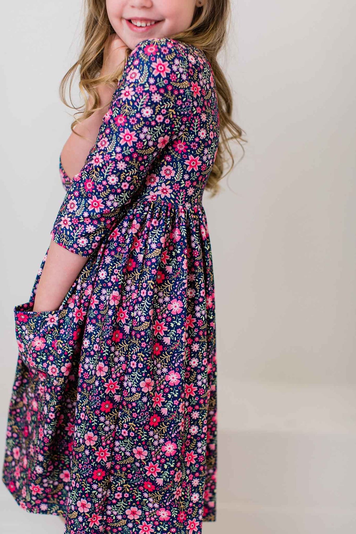 Flower Farm 3/4 Sleeve Pocket Twirl Dress - Meera's Mini Mavericks