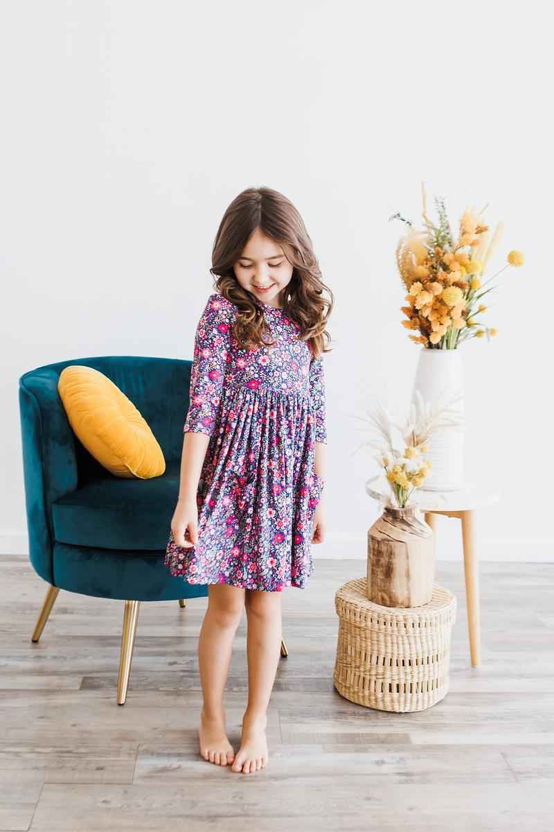 Flower Farm 3/4 Sleeve Pocket Twirl Dress - Meera's Mini Mavericks