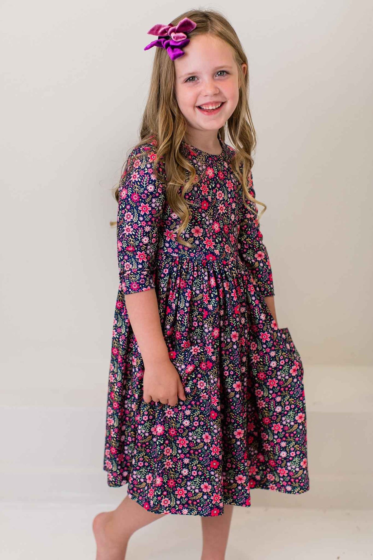 Flower Farm 3/4 Sleeve Pocket Twirl Dress - Meera's Mini Mavericks
