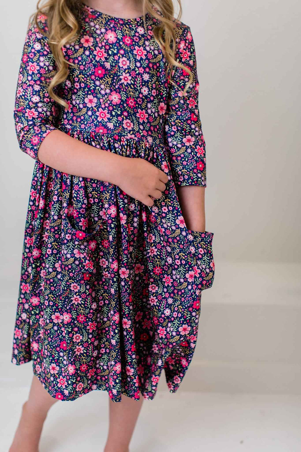 Flower Farm 3/4 Sleeve Pocket Twirl Dress - Meera's Mini Mavericks