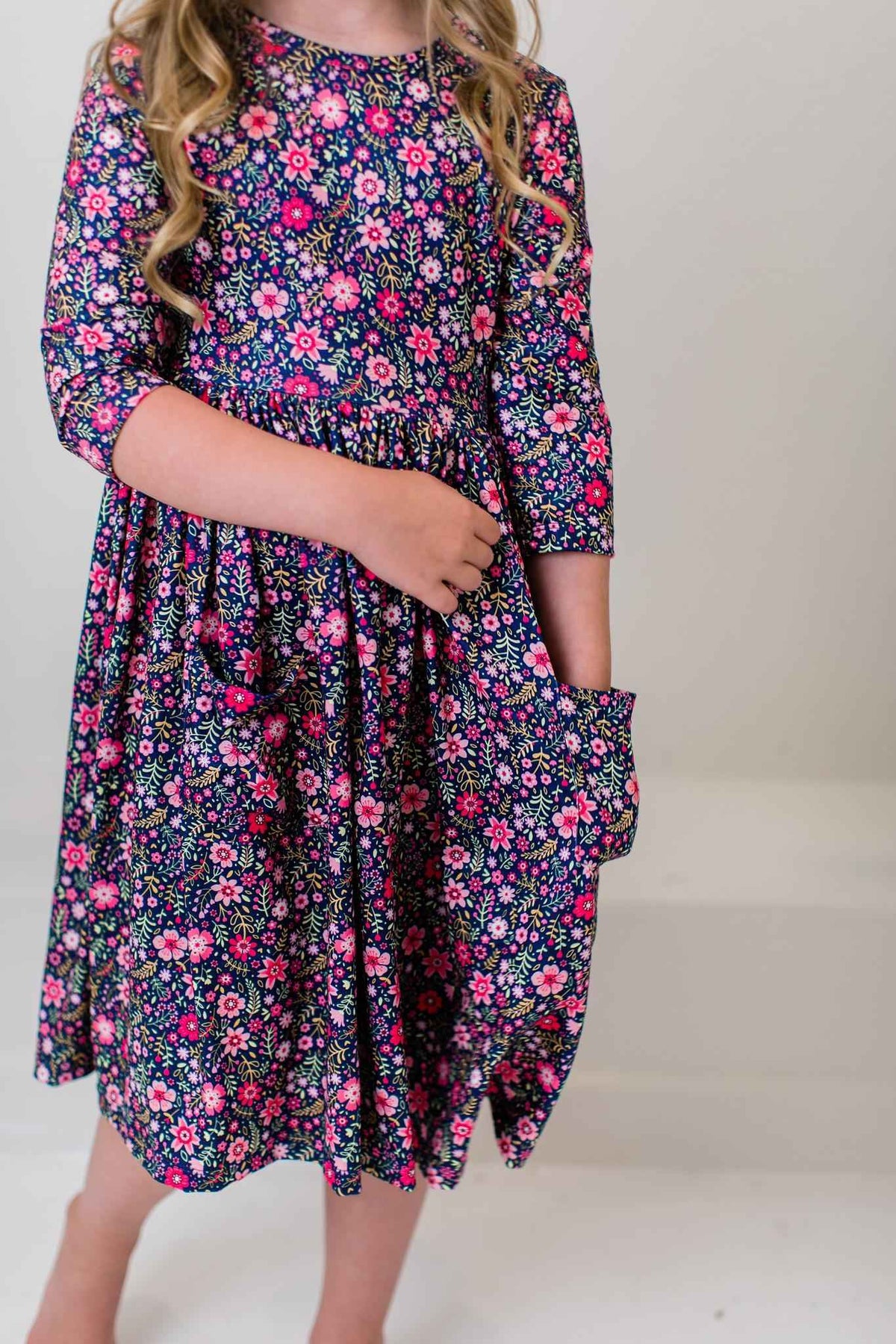 Flower Farm 3/4 Sleeve Pocket Twirl Dress - Meera's Mini Mavericks