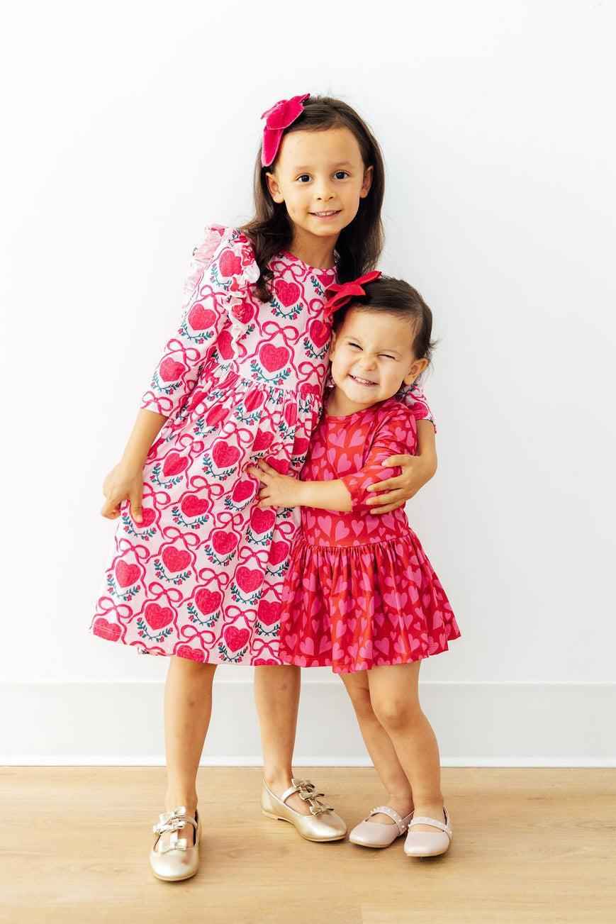 Fluttering Hearts 3/4 Sleeve Ruffle Twirl Dress - Meera's Mini Mavericks