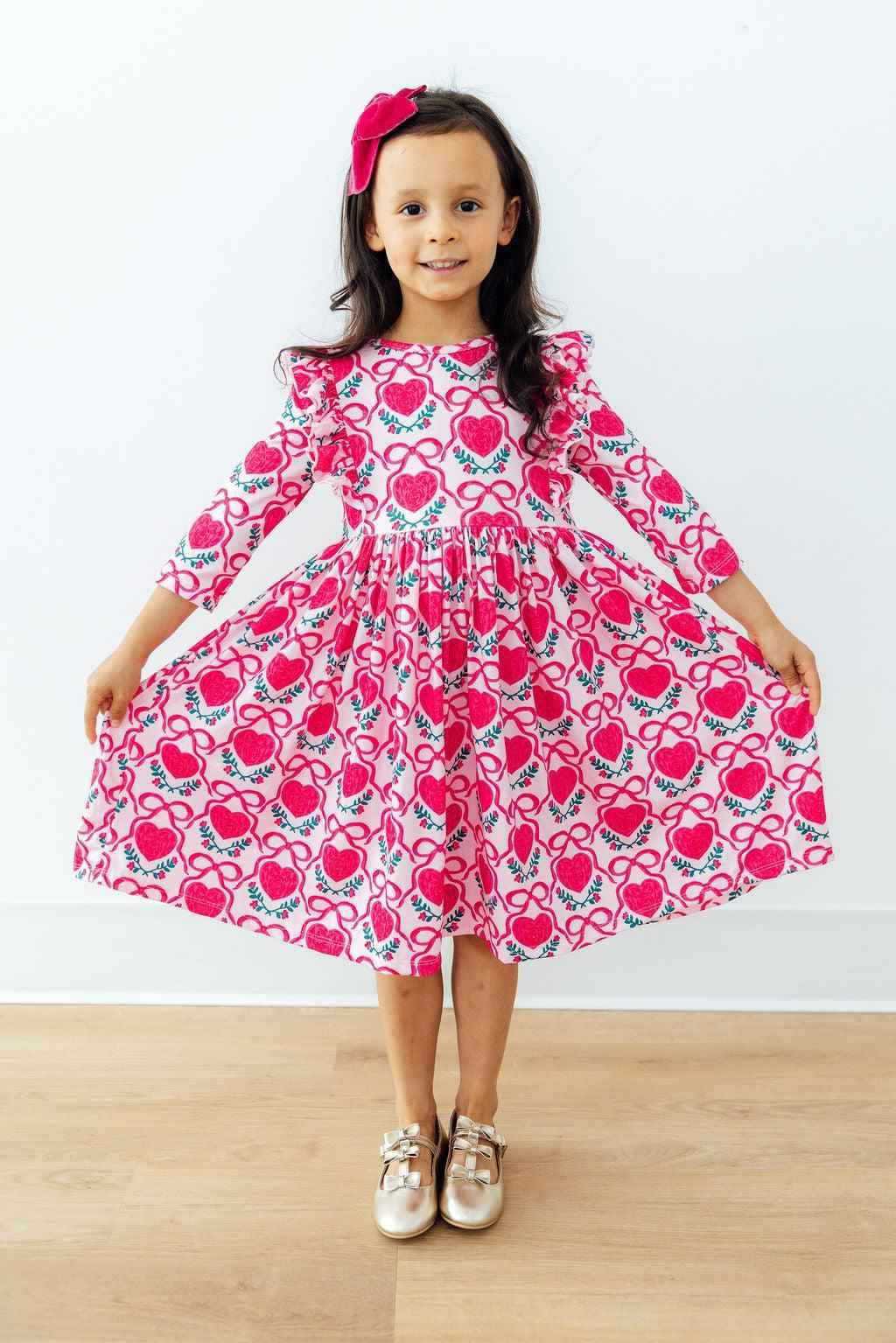 Fluttering Hearts 3/4 Sleeve Ruffle Twirl Dress - Meera's Mini Mavericks