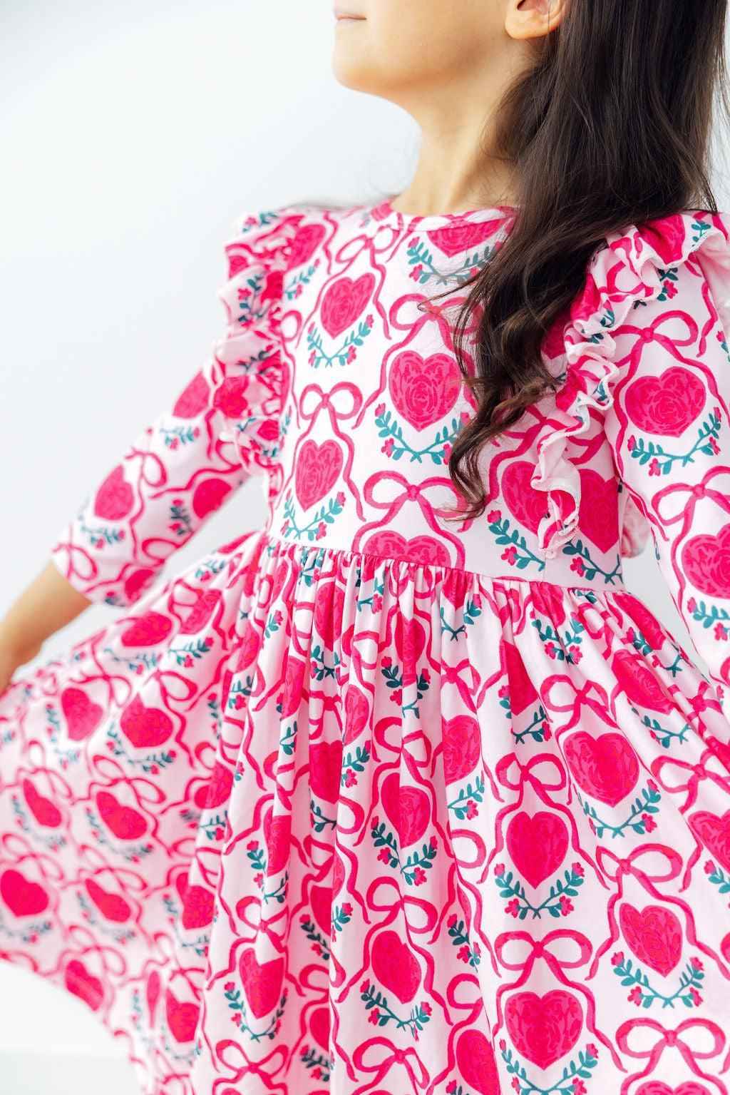Fluttering Hearts 3/4 Sleeve Ruffle Twirl Dress - Meera's Mini Mavericks