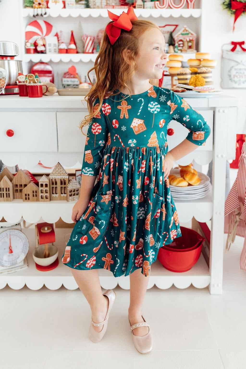 Gingerbread House 3/4 Sleeve Pocket Twirl Dress - Meera's Mini Mavericks