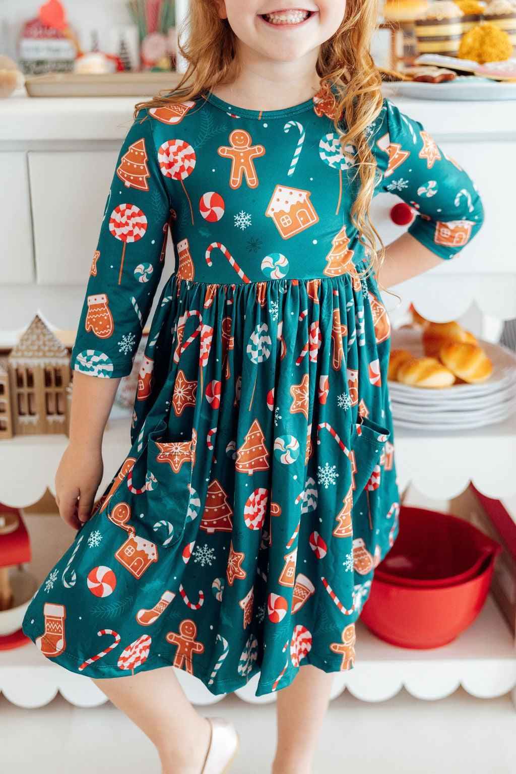 Gingerbread House 3/4 Sleeve Pocket Twirl Dress - Meera's Mini Mavericks