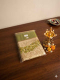 Premium Golden Tissue Kerala Kasavu Saree in Olive Green Floral Work