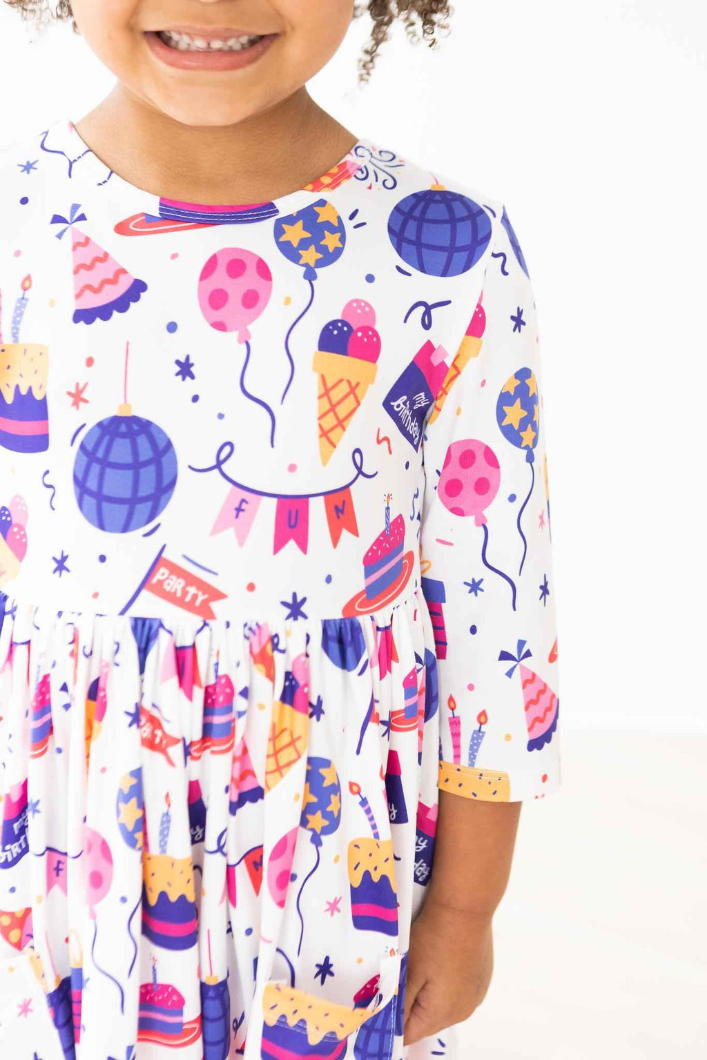 Happy Birthday 3/4 Sleeve Pocket Twirl Dress - Meera's Mini Mavericks