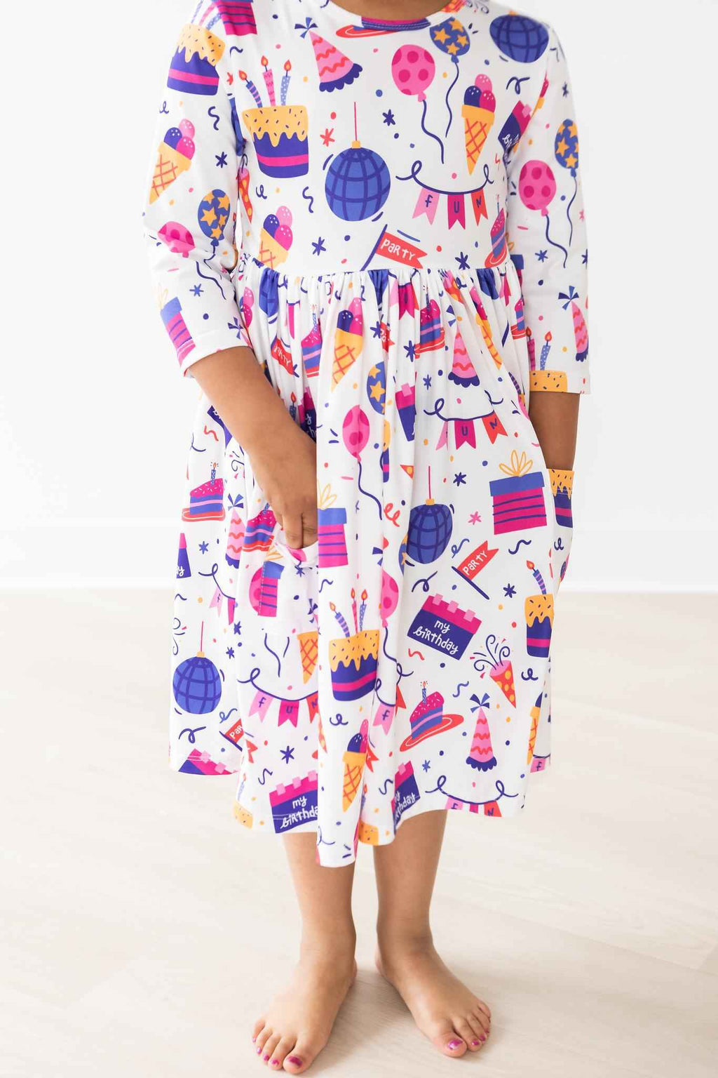 Happy Birthday 3/4 Sleeve Pocket Twirl Dress - Meera's Mini Mavericks