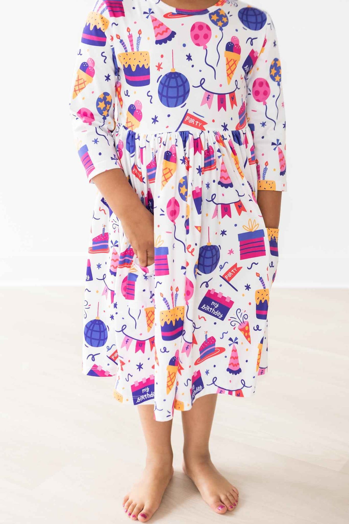 Happy Birthday 3/4 Sleeve Pocket Twirl Dress - Meera's Mini Mavericks