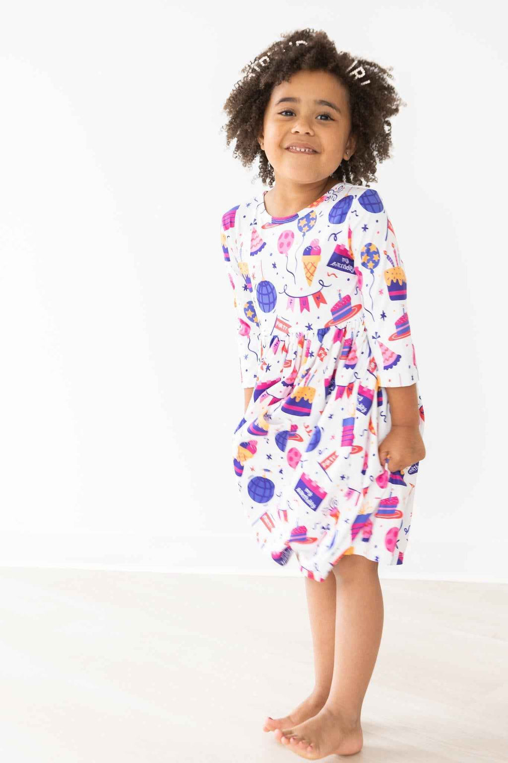 Happy Birthday 3/4 Sleeve Pocket Twirl Dress - Meera's Mini Mavericks