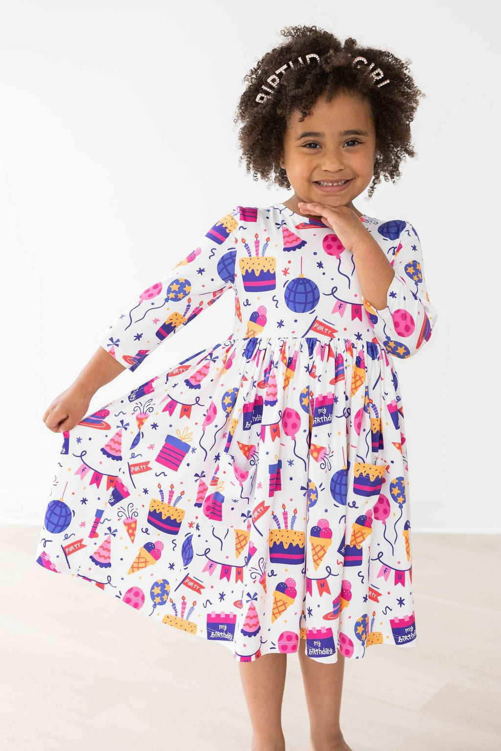 Happy Birthday 3/4 Sleeve Pocket Twirl Dress - Meera's Mini Mavericks
