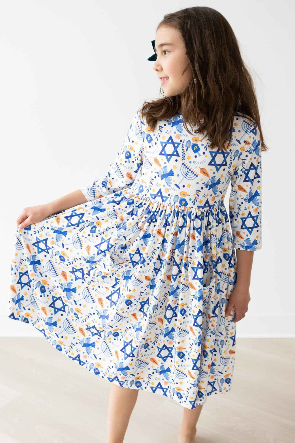 Happy Hanukkah 3/4 Sleeve Pocket Twirl Dress - Meera's Mini Mavericks