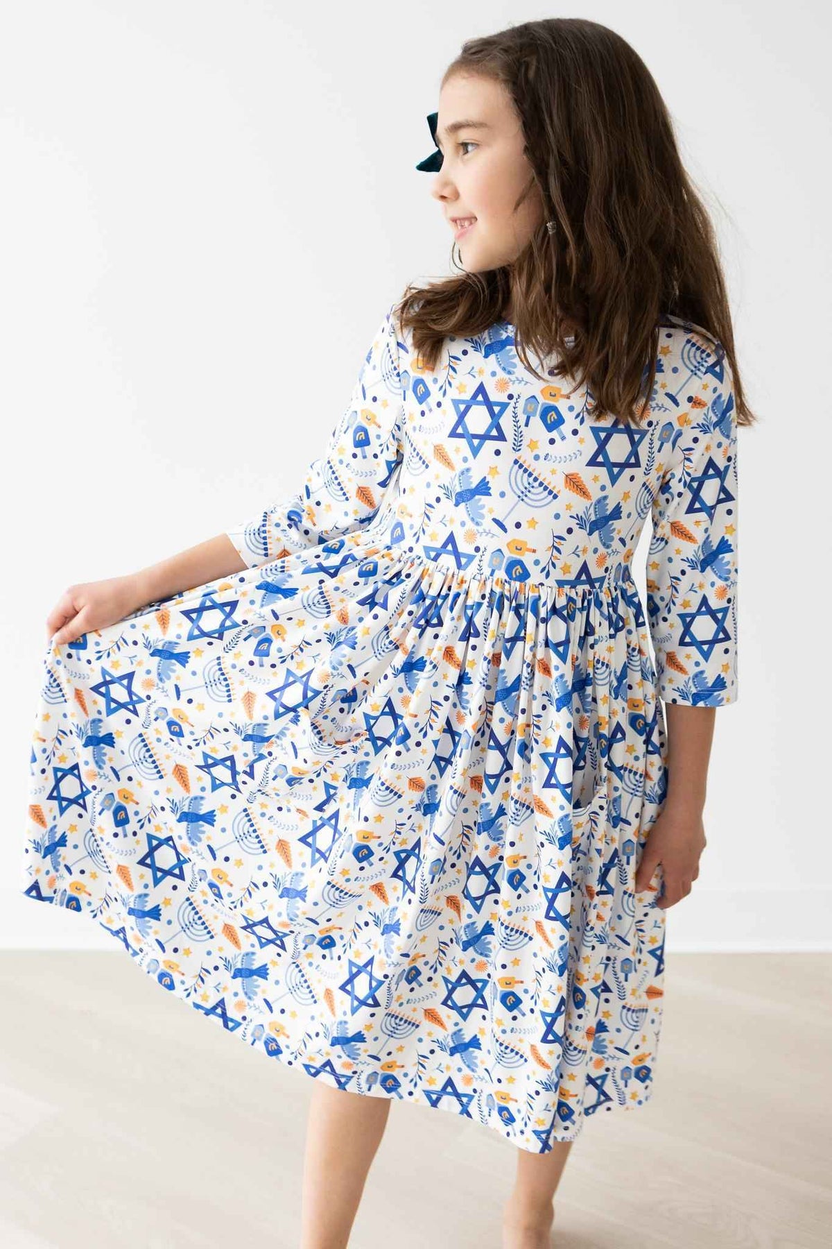 Happy Hanukkah 3/4 Sleeve Pocket Twirl Dress - Meera's Mini Mavericks