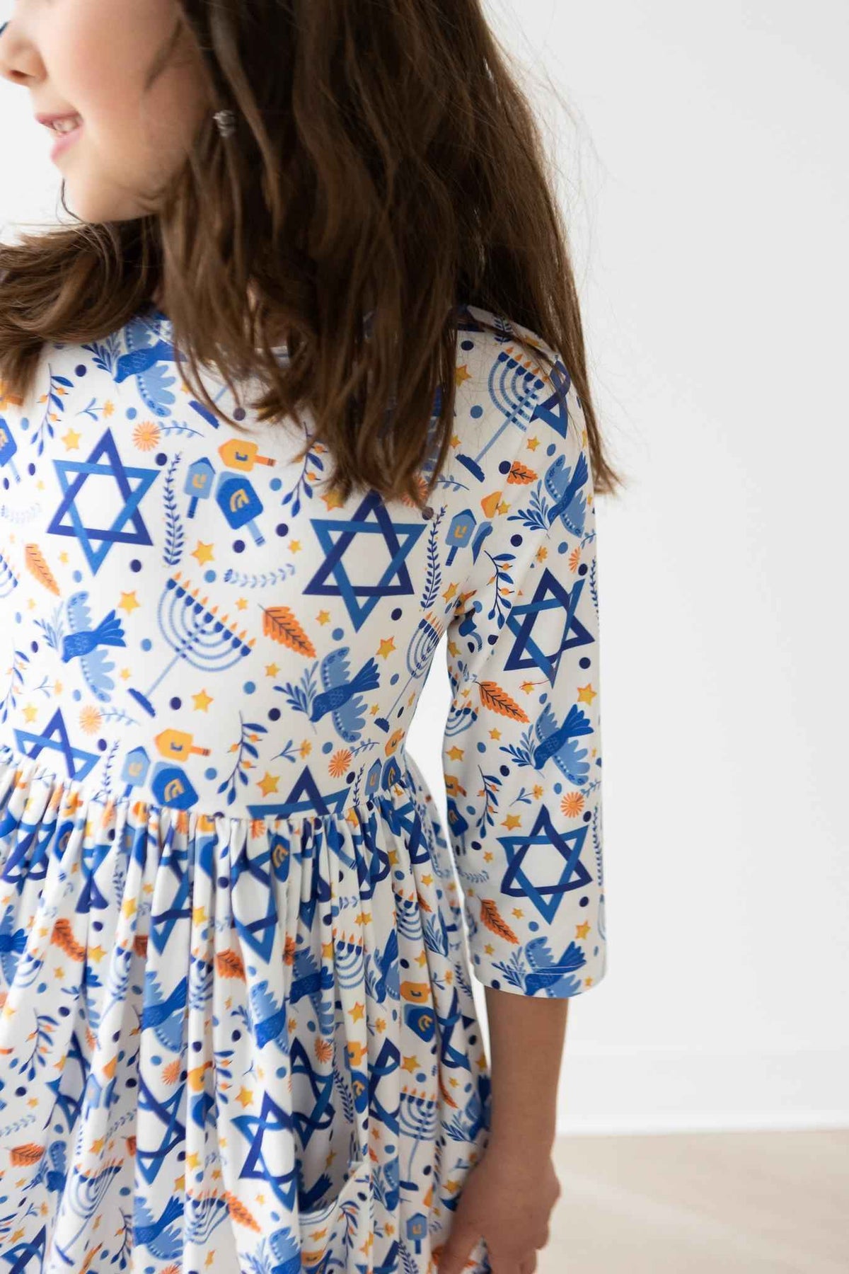 Happy Hanukkah 3/4 Sleeve Pocket Twirl Dress - Meera's Mini Mavericks