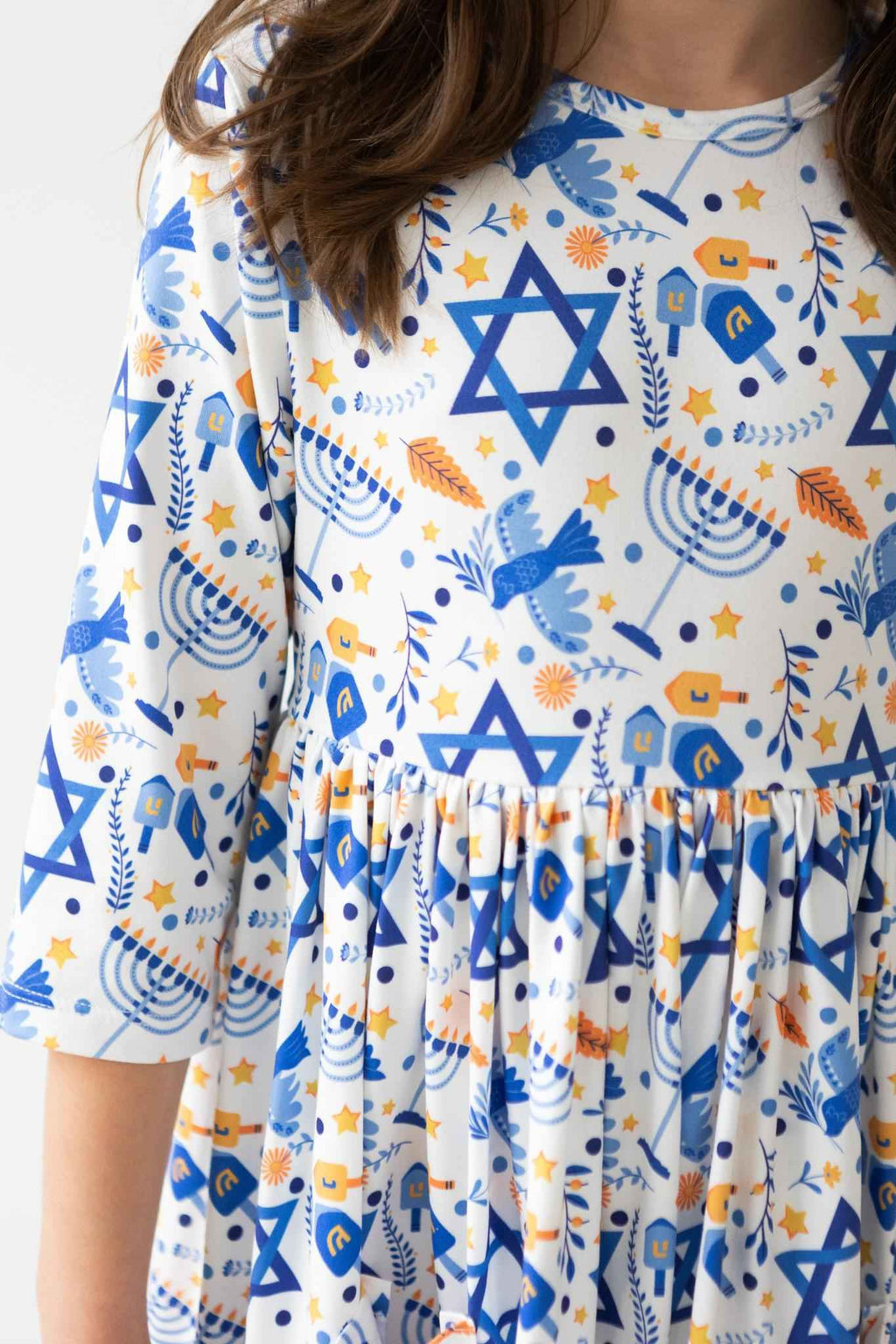 Happy Hanukkah 3/4 Sleeve Pocket Twirl Dress - Meera's Mini Mavericks