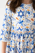 Happy Hanukkah 3/4 Sleeve Pocket Twirl Dress - Meera's Mini Mavericks
