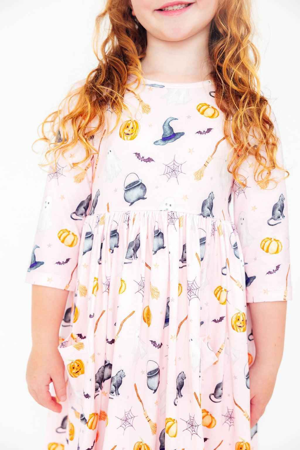 Hey Boo 3/4 Sleeve Pocket Twirl Dress - Meera's Mini Mavericks