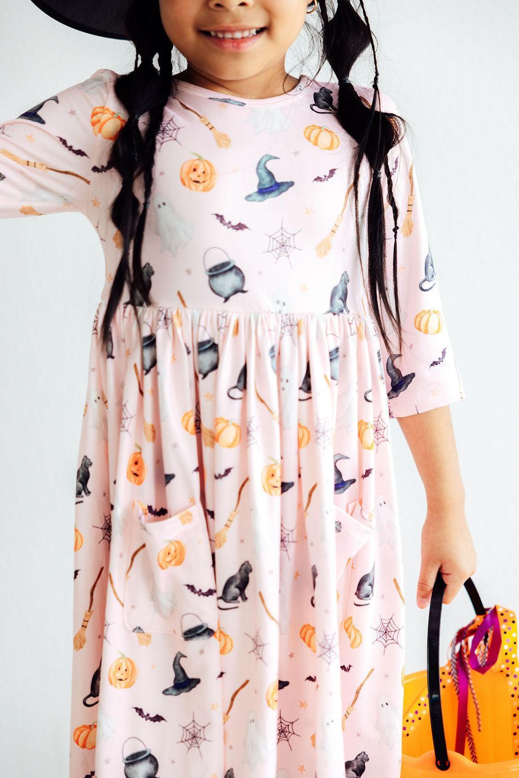 Hey Boo 3/4 Sleeve Pocket Twirl Dress - Meera's Mini Mavericks