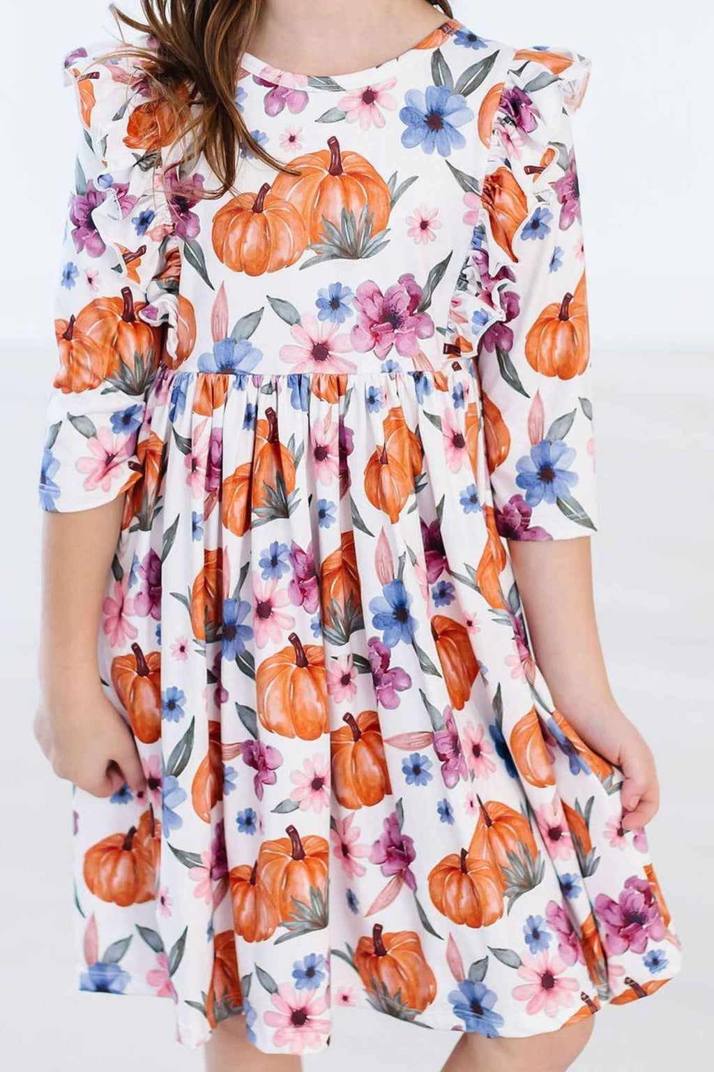 Hey Pumpkin 3/4 Sleeve Ruffle Twirl Dress - Meera's Mini Mavericks