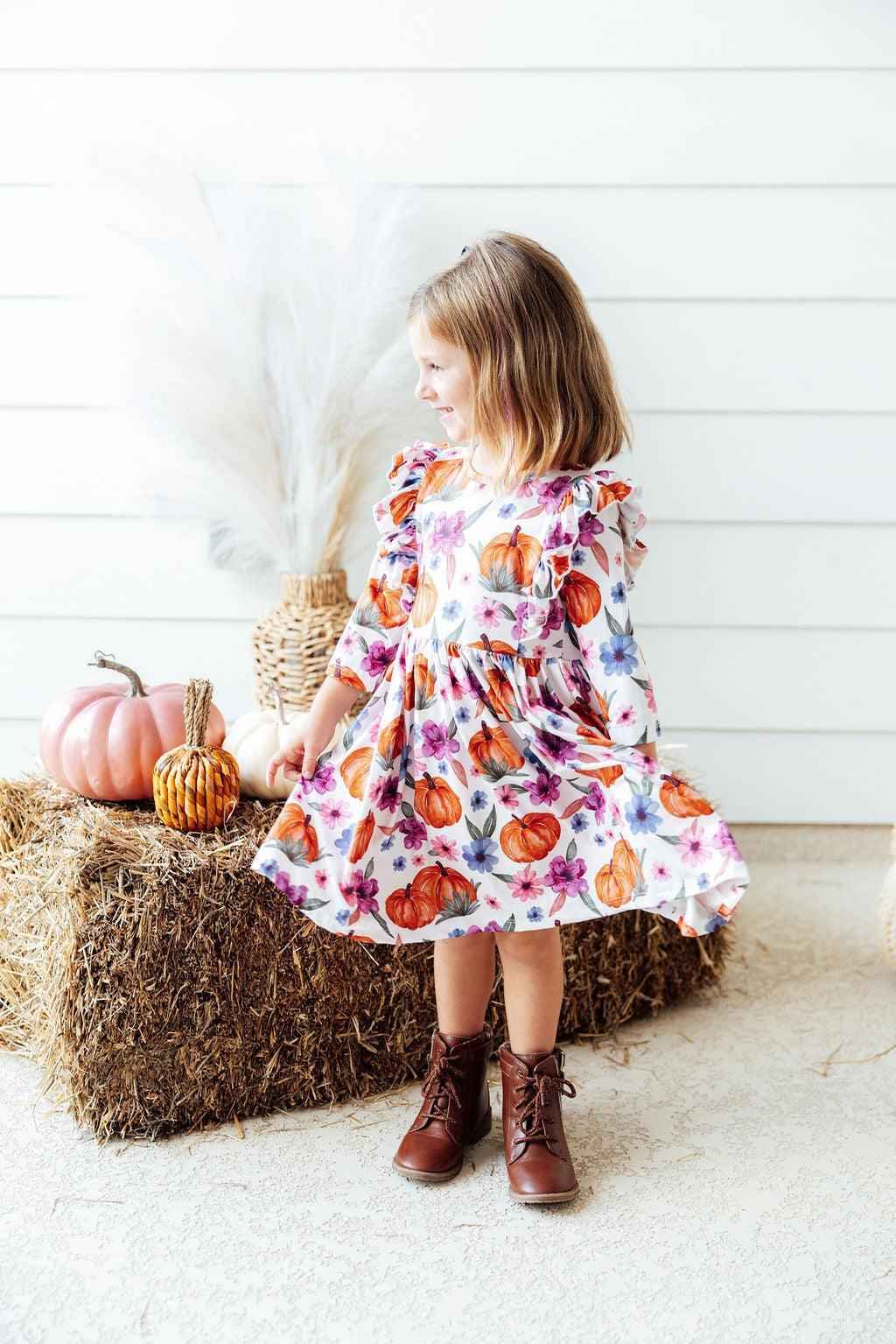 Hey Pumpkin 3/4 Sleeve Ruffle Twirl Dress - Meera's Mini Mavericks