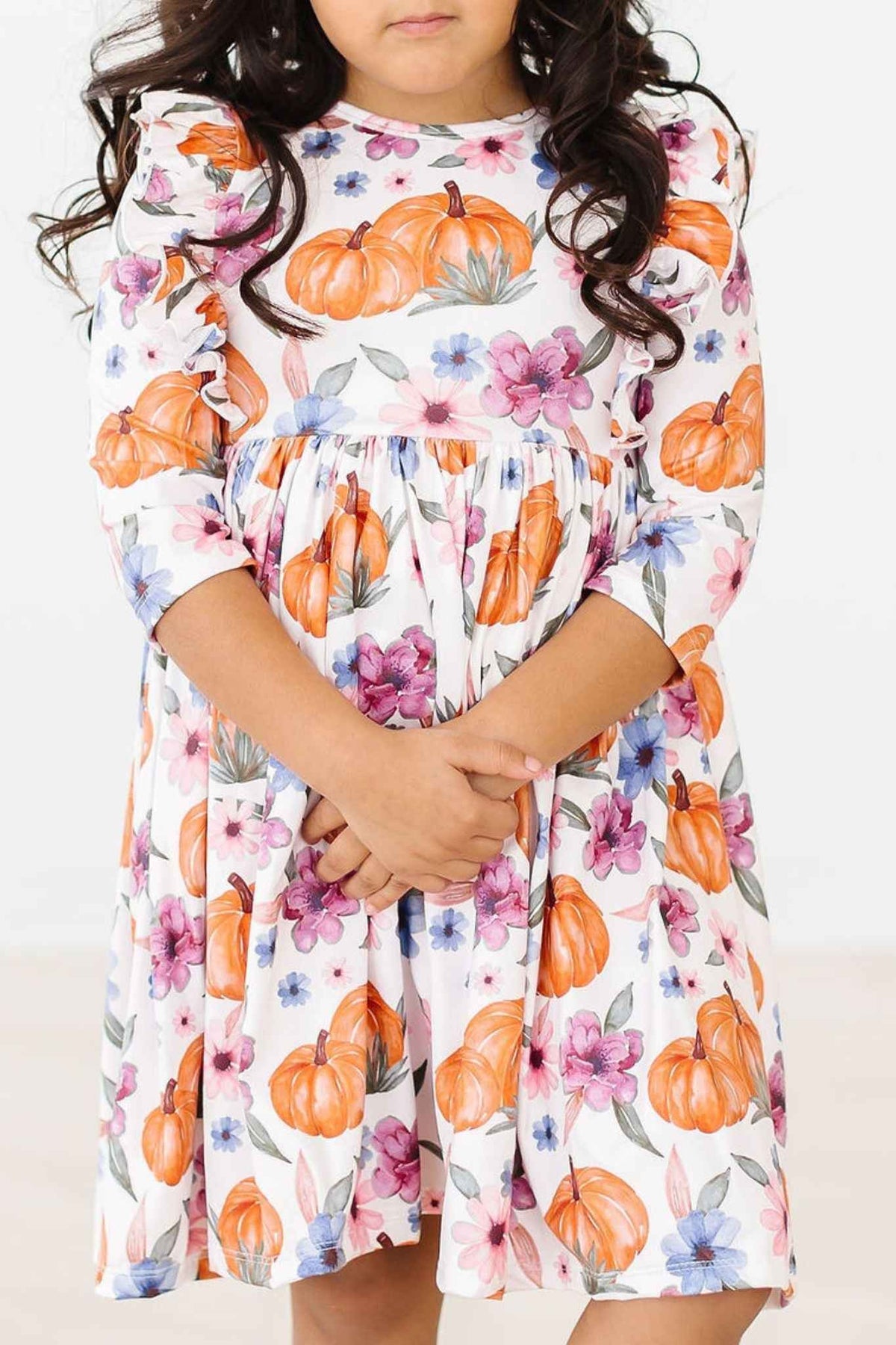 Hey Pumpkin 3/4 Sleeve Ruffle Twirl Dress - Meera's Mini Mavericks