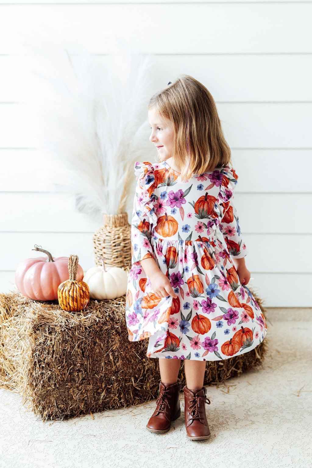 Hey Pumpkin 3/4 Sleeve Ruffle Twirl Dress - Meera's Mini Mavericks