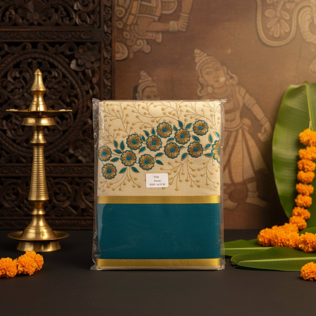 Pushpanjali Edition- Kerala Tissue Kasavu Saree with Floral Embroidery - Meera's Mini Mavericks