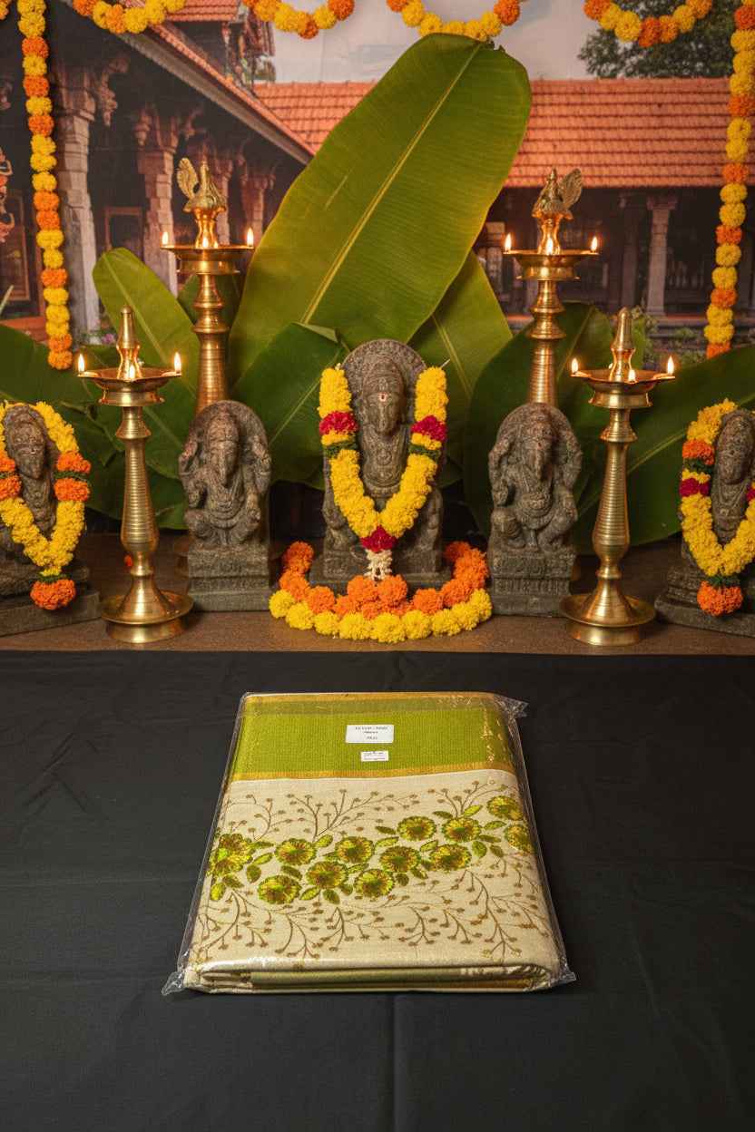 Premium Golden Tissue Kerala Kasavu Saree in Olive Green Floral Work