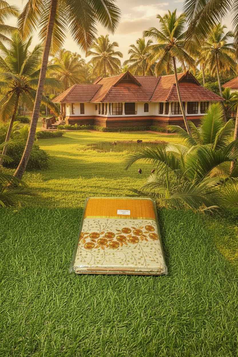 The Pushpanjali – Floral Embroidery Kasavu Tissue Cotton Saree (Mustard Gold Variant)